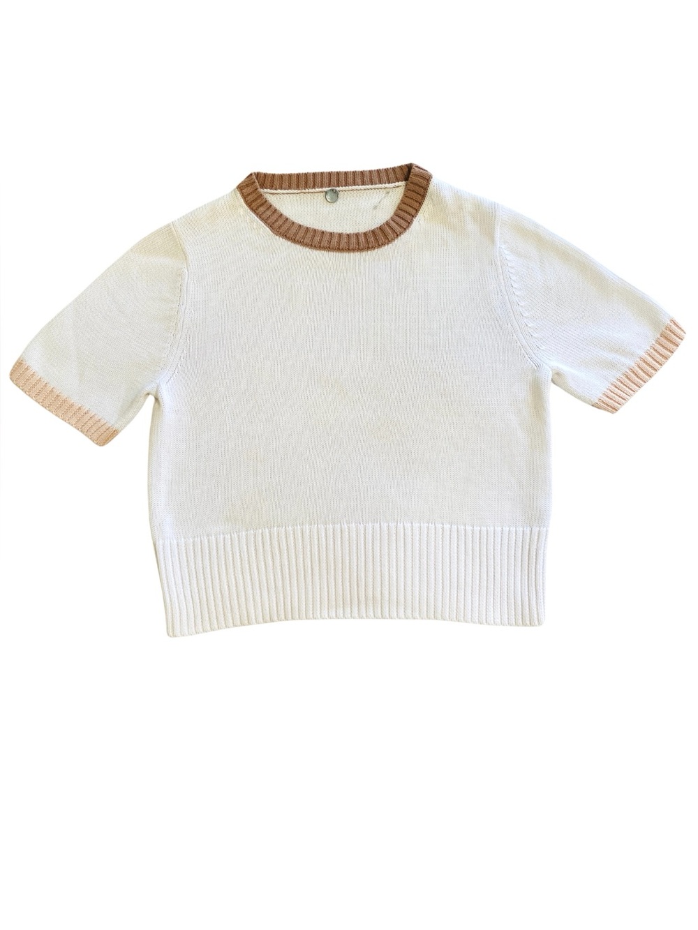 Margeret O’Leary Cotton short sleeve knit sweater top white contrast trim M